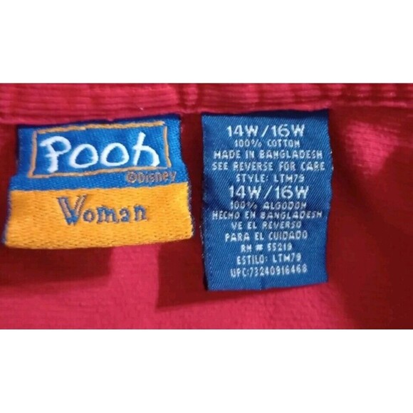 Disney Winnie The Pooh Shirt Pooh Tigger  Corduroy Button Front Red 14/16W‎ - Picture 5 of 6